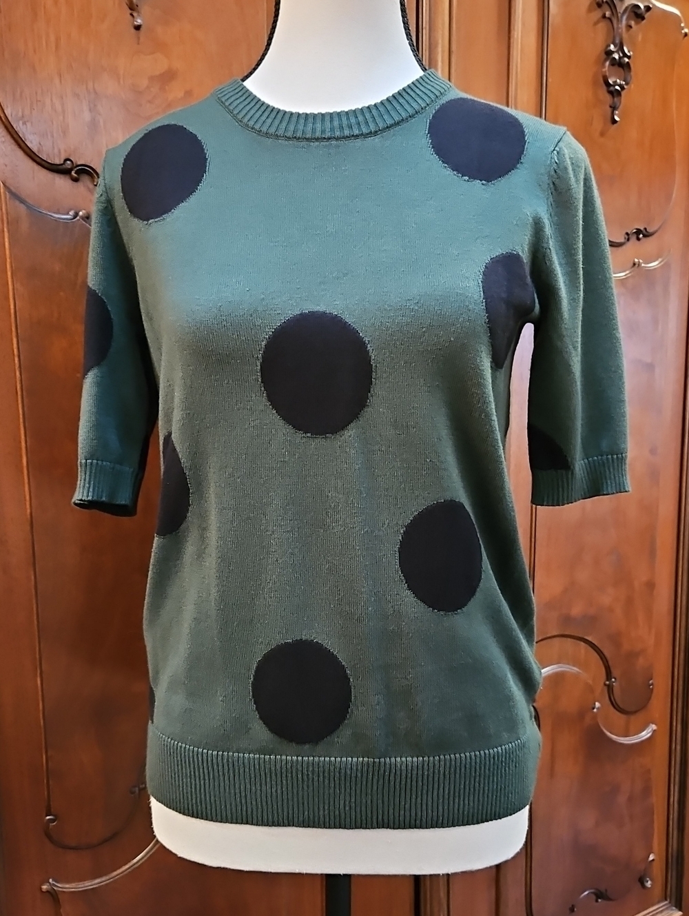 Philosophy Dark Green Short-Sleeve Crewneck Sweater with Black Polka Dots Sz S